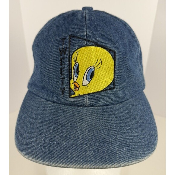 Vintage Tweety Bird Cap 90s Denim Hat Looney Tunes 100% Cotton Stretch Back - Picture 2 of 10